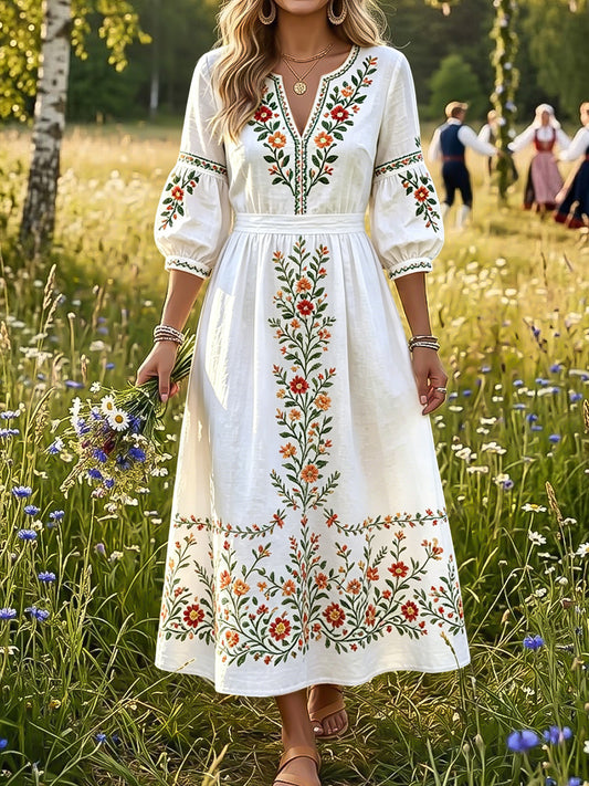 Női vintage svéd midsummer virágos művészet v-nyak ruha