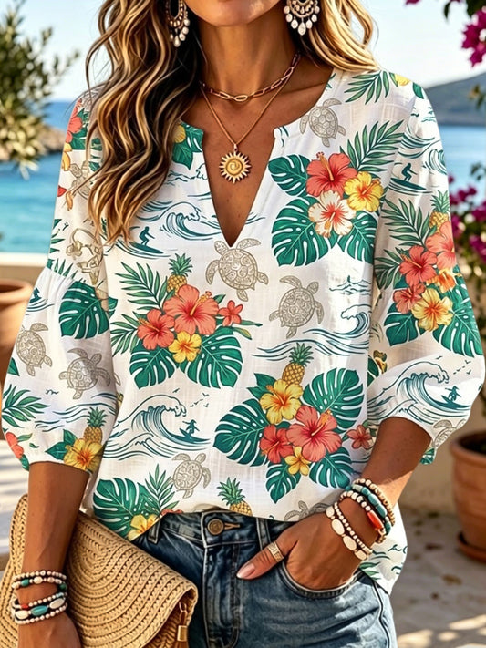 Női hawaii trópusi virágos és tengeri teknős nyomtatás v-neck top