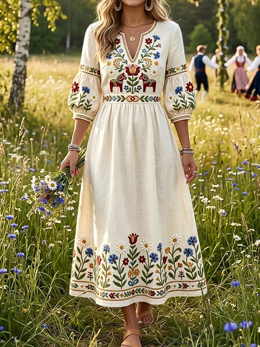 Női vintage svéd midsummer virágos körhinta-nyomtatás ruha