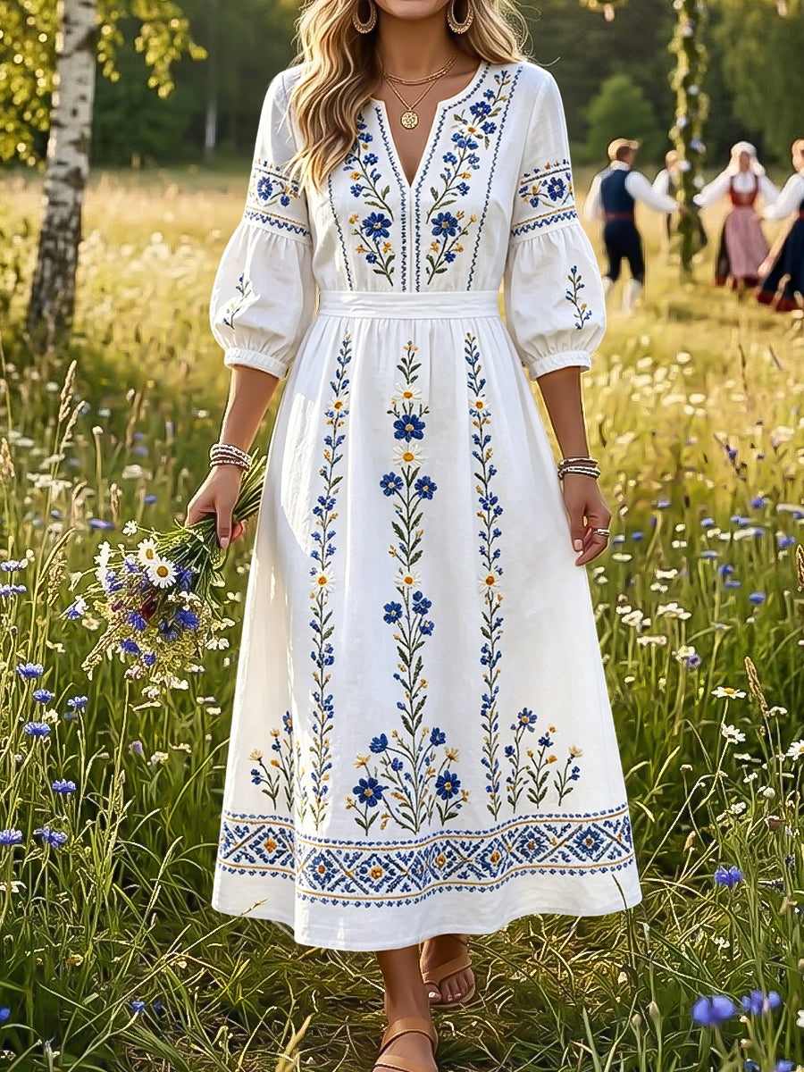 Női vintage svéd midsummer virágos nyomtatás ruha