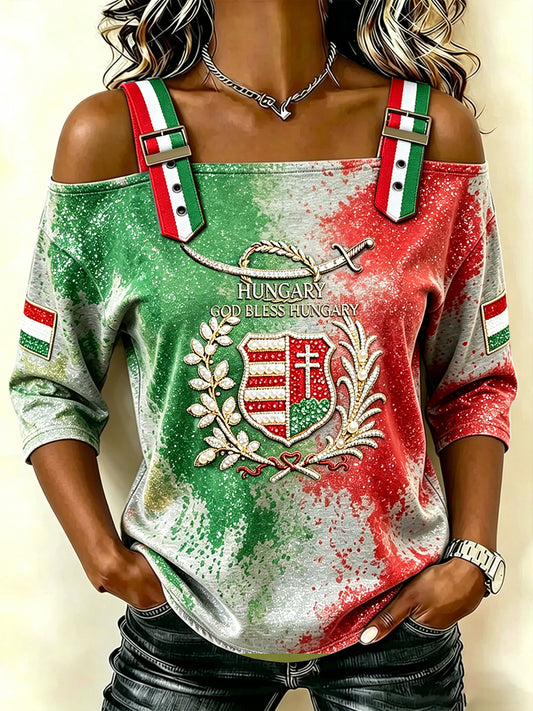Női magyar zászló csillogó gyöngy 3d nyomtatás alkalmi off-the-shoulder póló