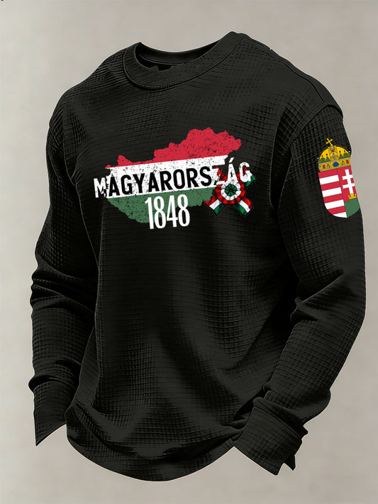 Férfi hosszú ujjú pulóver magyar ihletésű nyomtatással