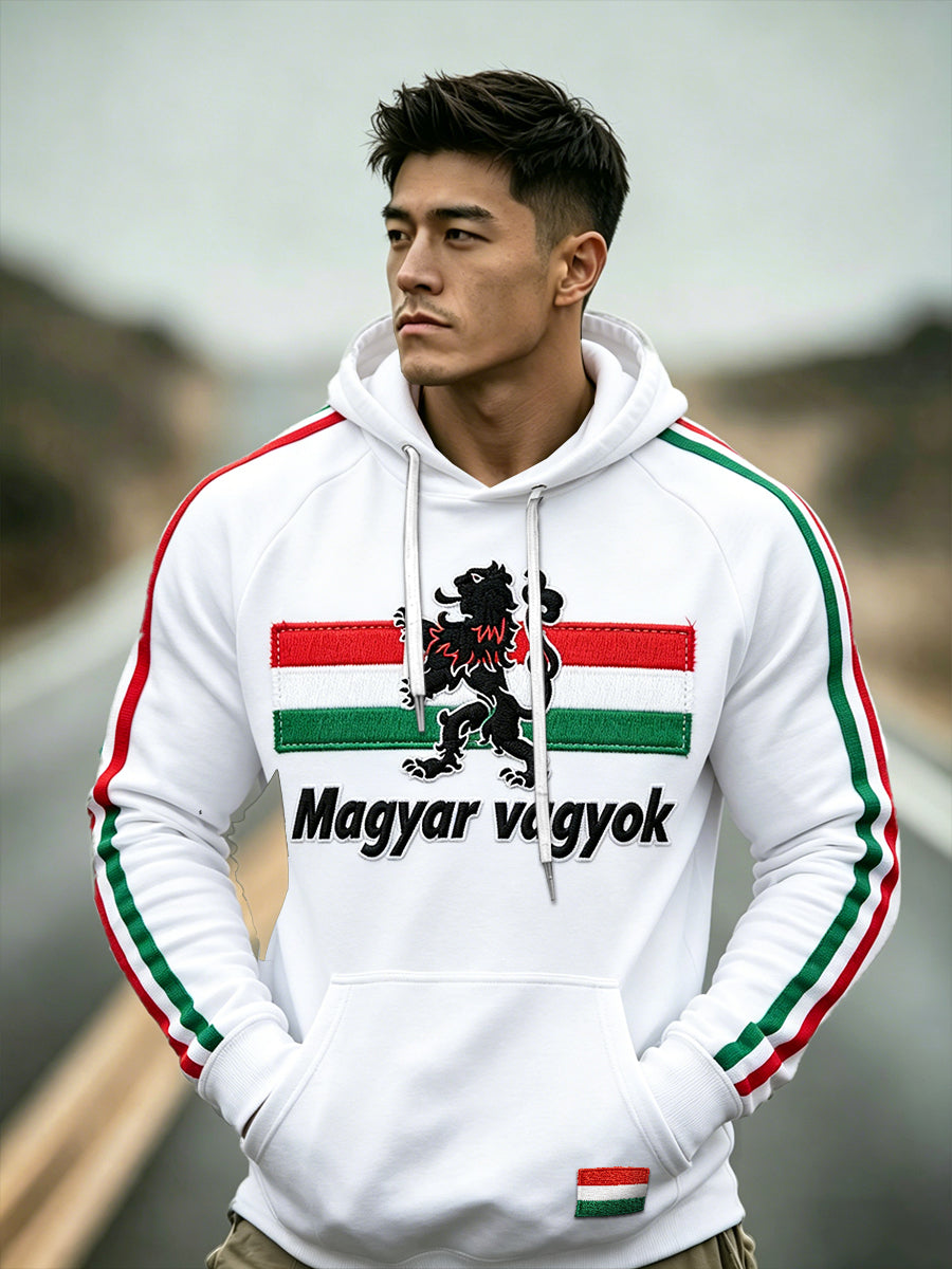 Férfi fehér magyar zászló nyomtatás alkalmi csepp-váll csuklyás pulóver
