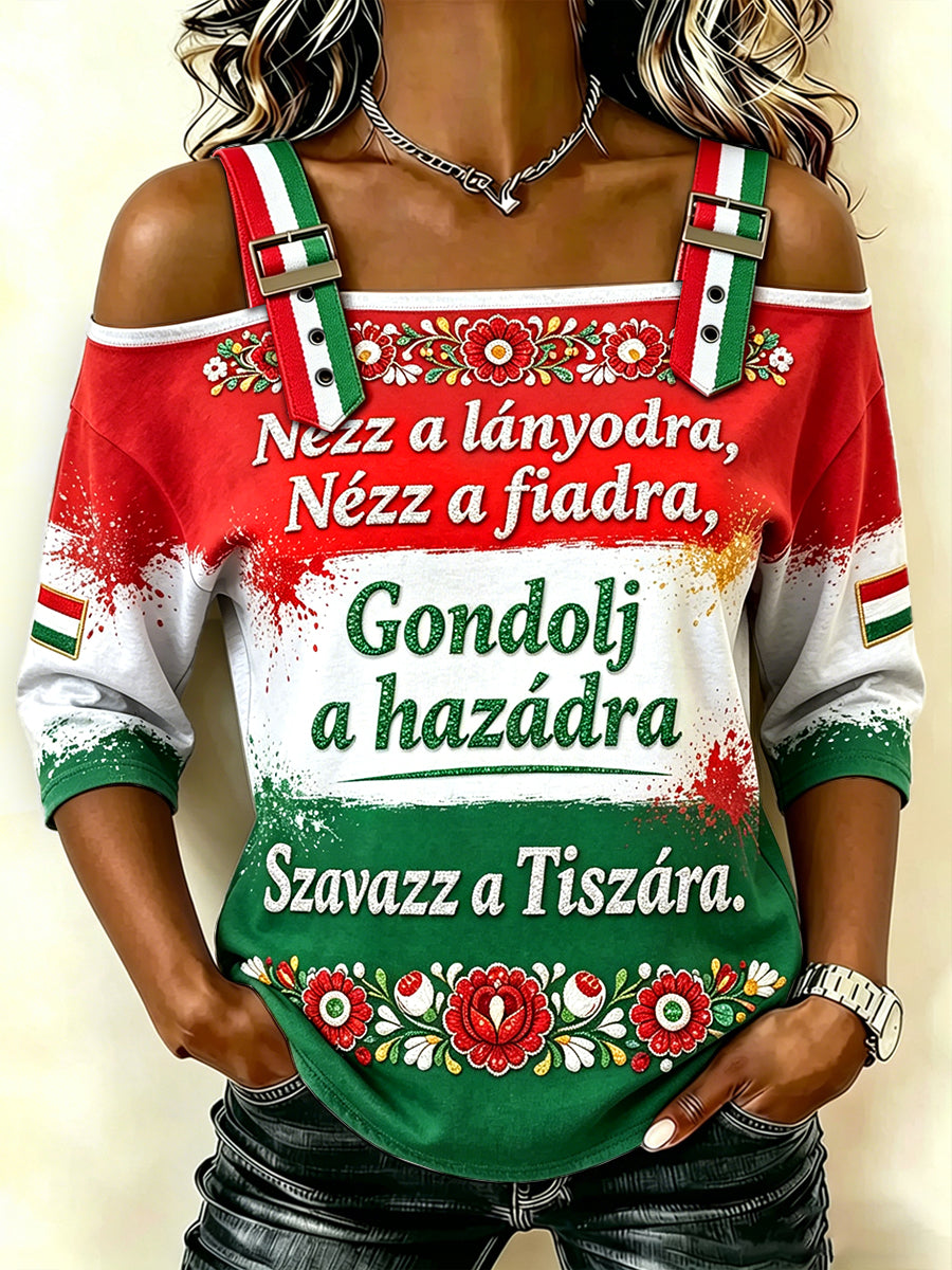 Női off-the-shoulder magyar virágos nyomtatás vintage alkalmi top