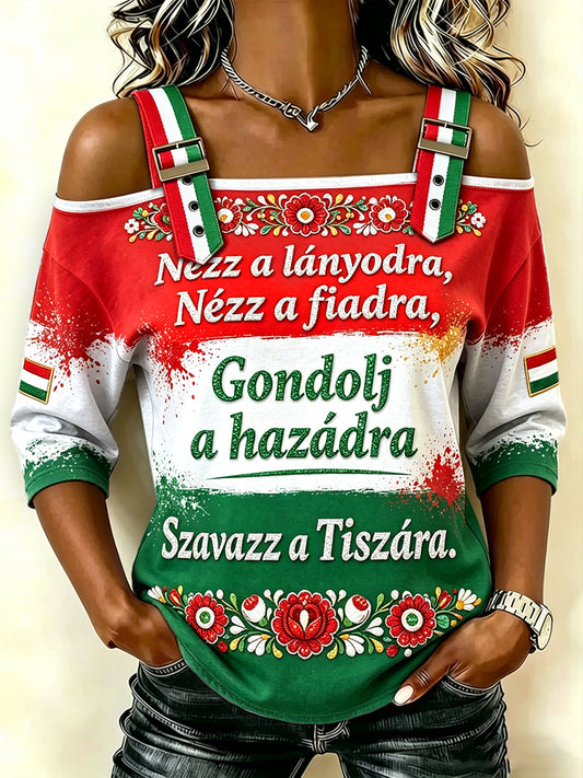 Női off-the-shoulder magyar virágos nyomtatás vintage alkalmi top