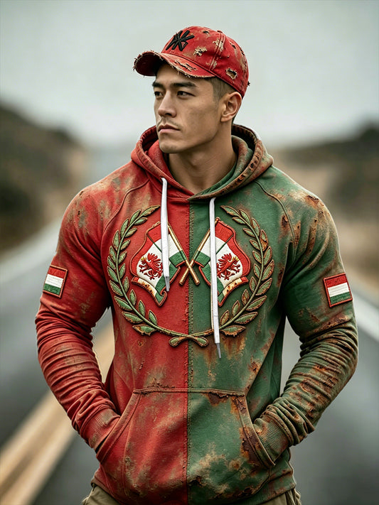 Férfi vintage magyar zászlós patchwork nyomott mintás alkalmi leeső vállú kapucnis pulóver