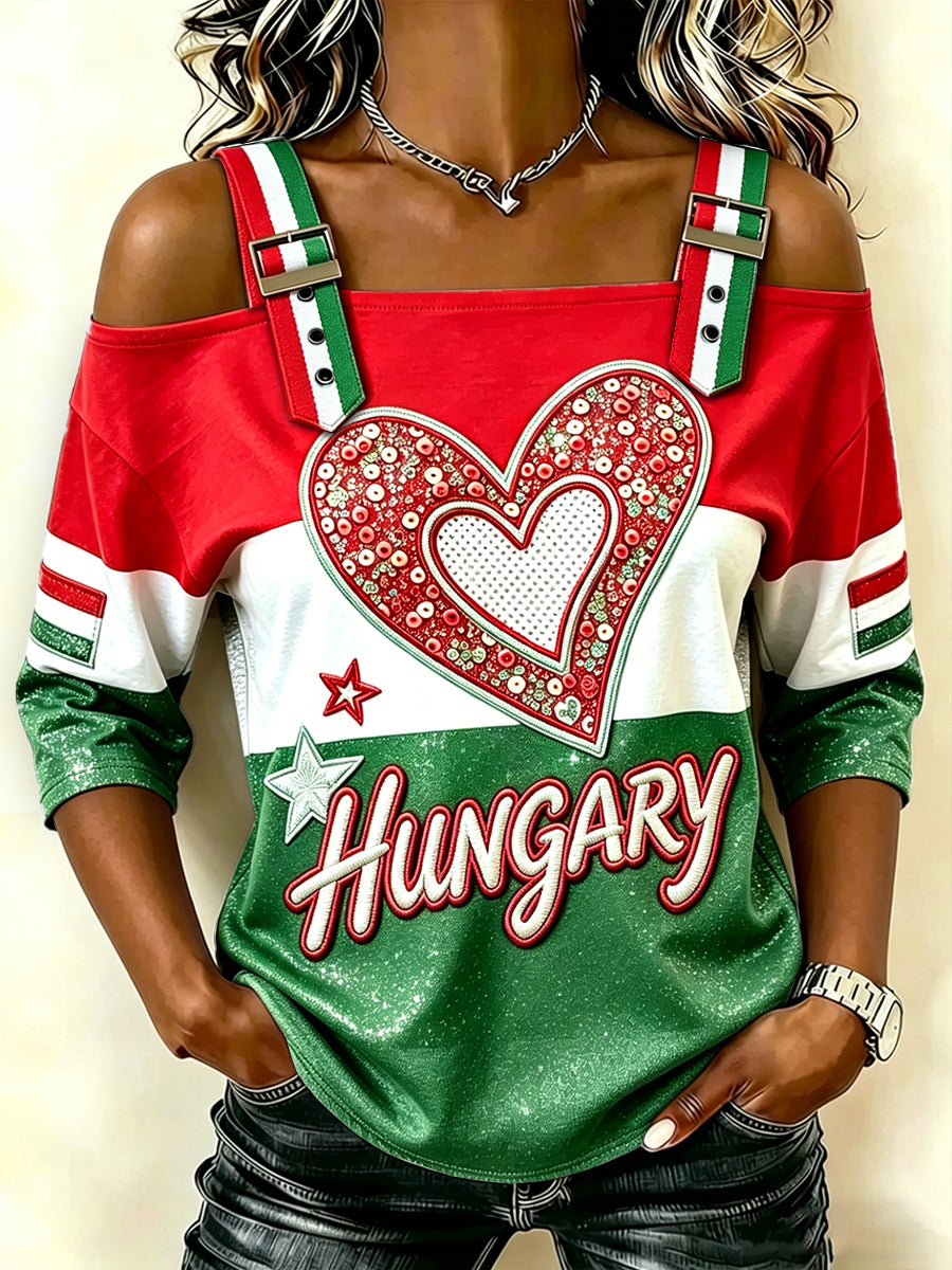 Women's off-the-shoulder tank top with patchwork magyar zászló nyomtatás