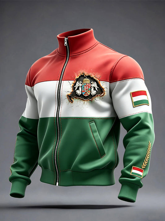 Férfi magyar zászló patchwork nyomtatás alkalmi zip-up kabát