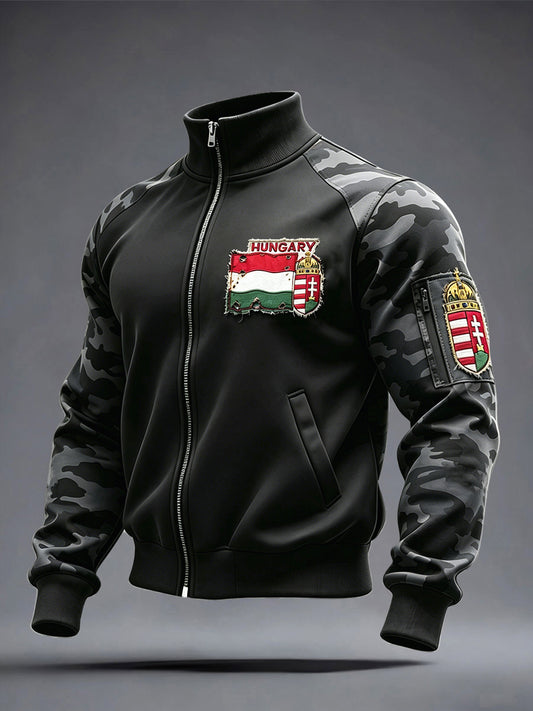 Férfi fekete magyar zászló álcázás patchwork nyomtatás zip-up kabát