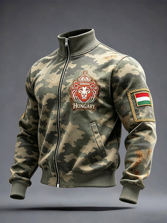 Férfi magyar oroszlán álcázás nyomtatás vintage zip-up kabát