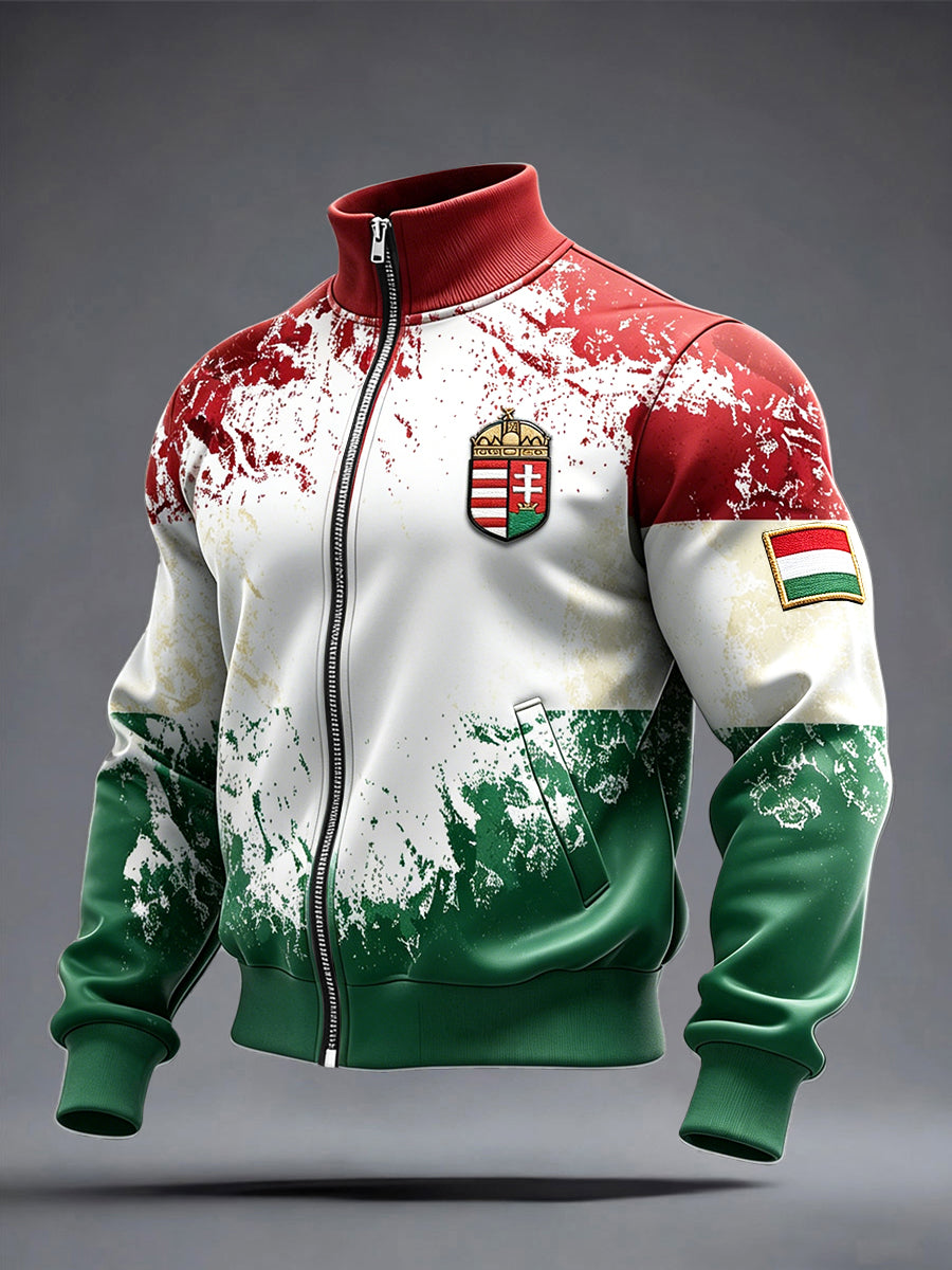 Férfi vintage magyar zászló nyomtatás zip-up kabát