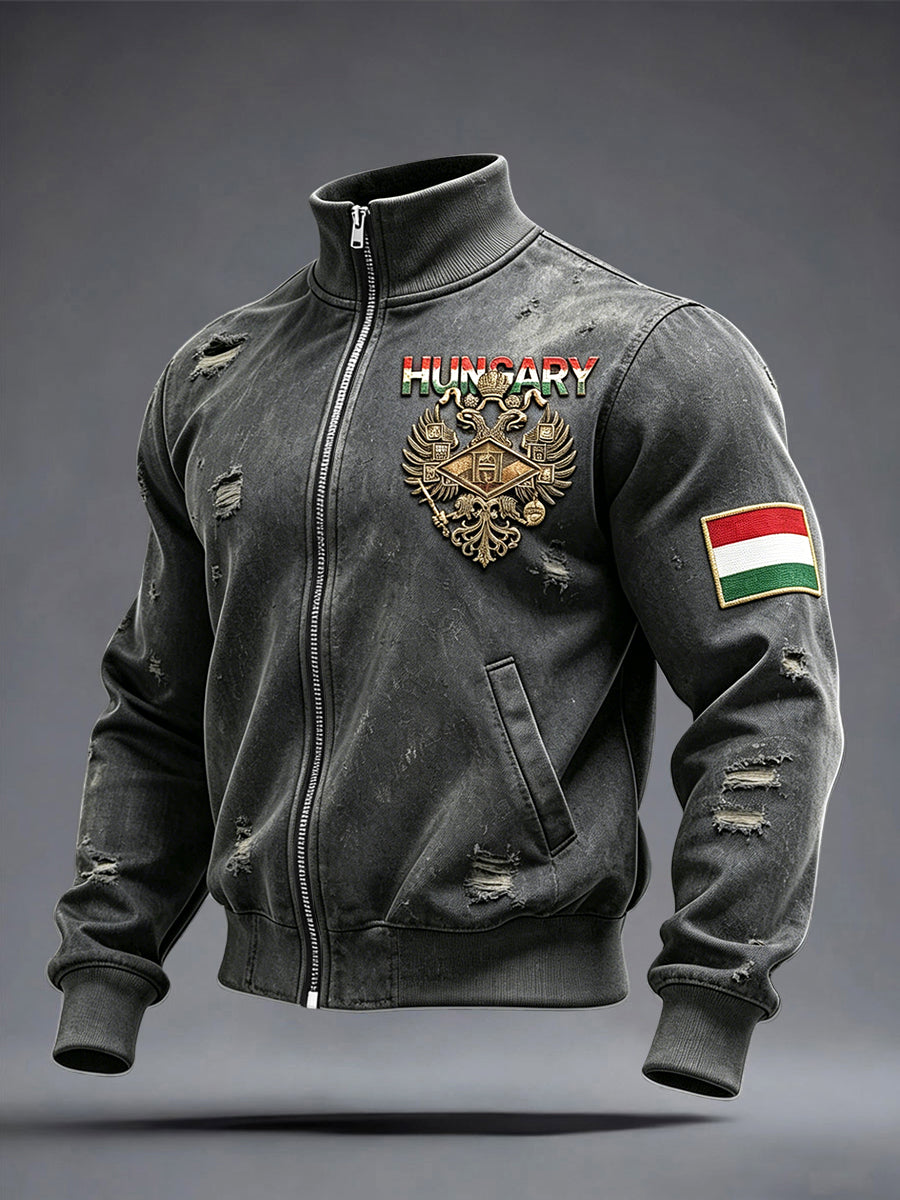 Férfi vintage magyar 3d szorult nyomtatás zip-up kabát