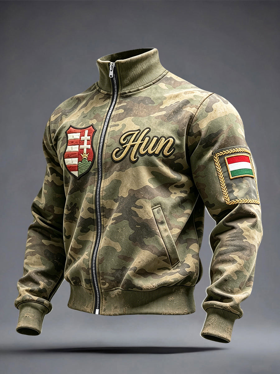 Férfi vintage álcázás magyar nyomtatás zip-up kabát