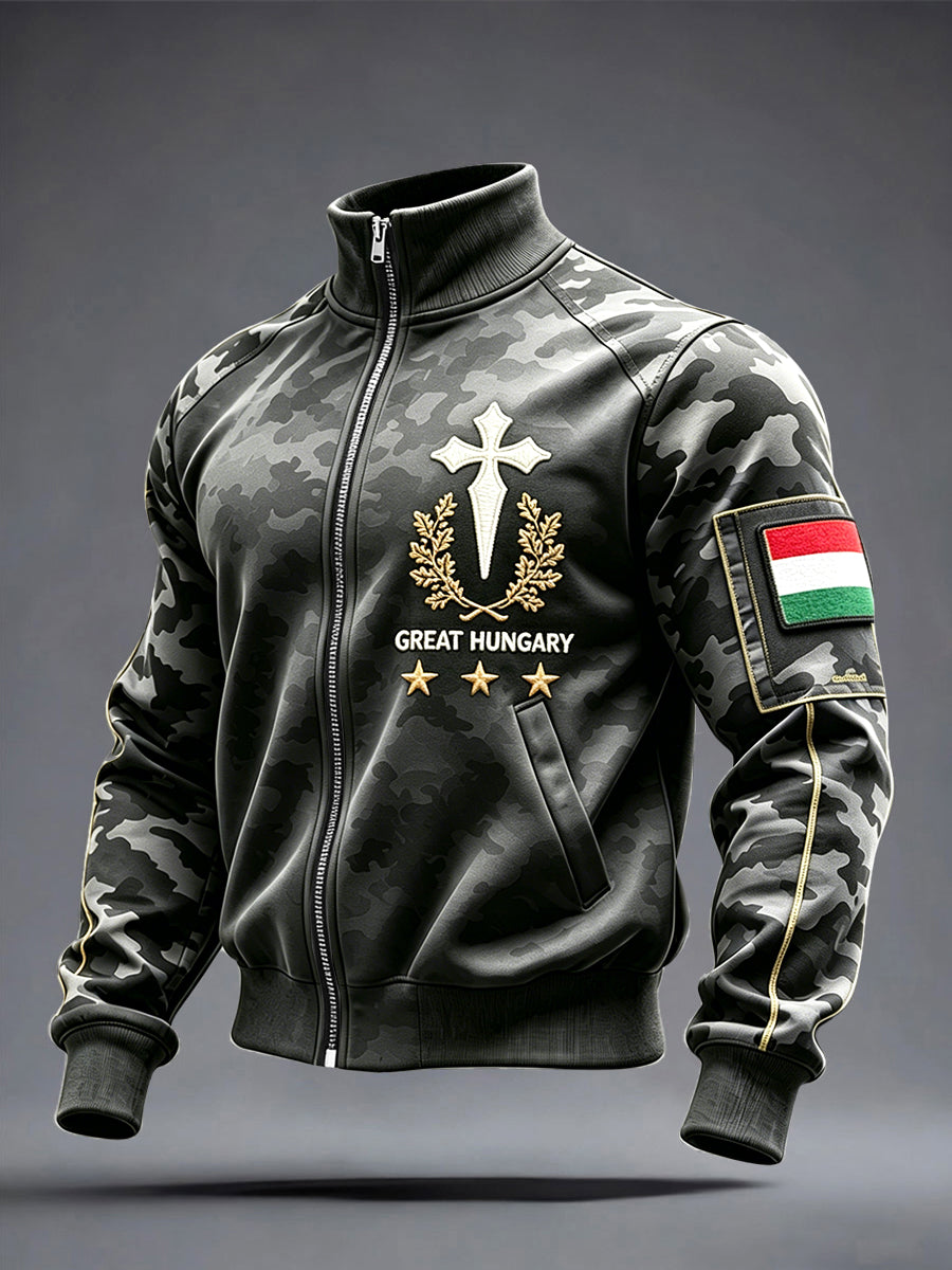 Férfi fekete magyar kereszt álcázó nyomtatás zip-up kabát