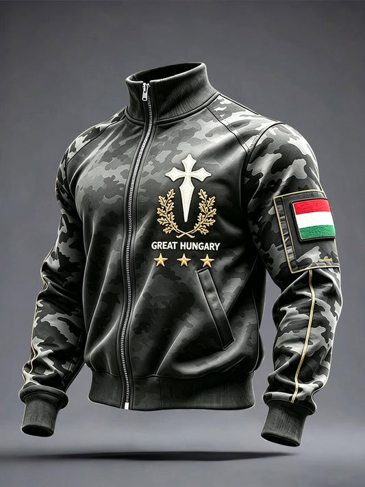 Férfi fekete magyar kereszt álcázó nyomtatás zip-up kabát