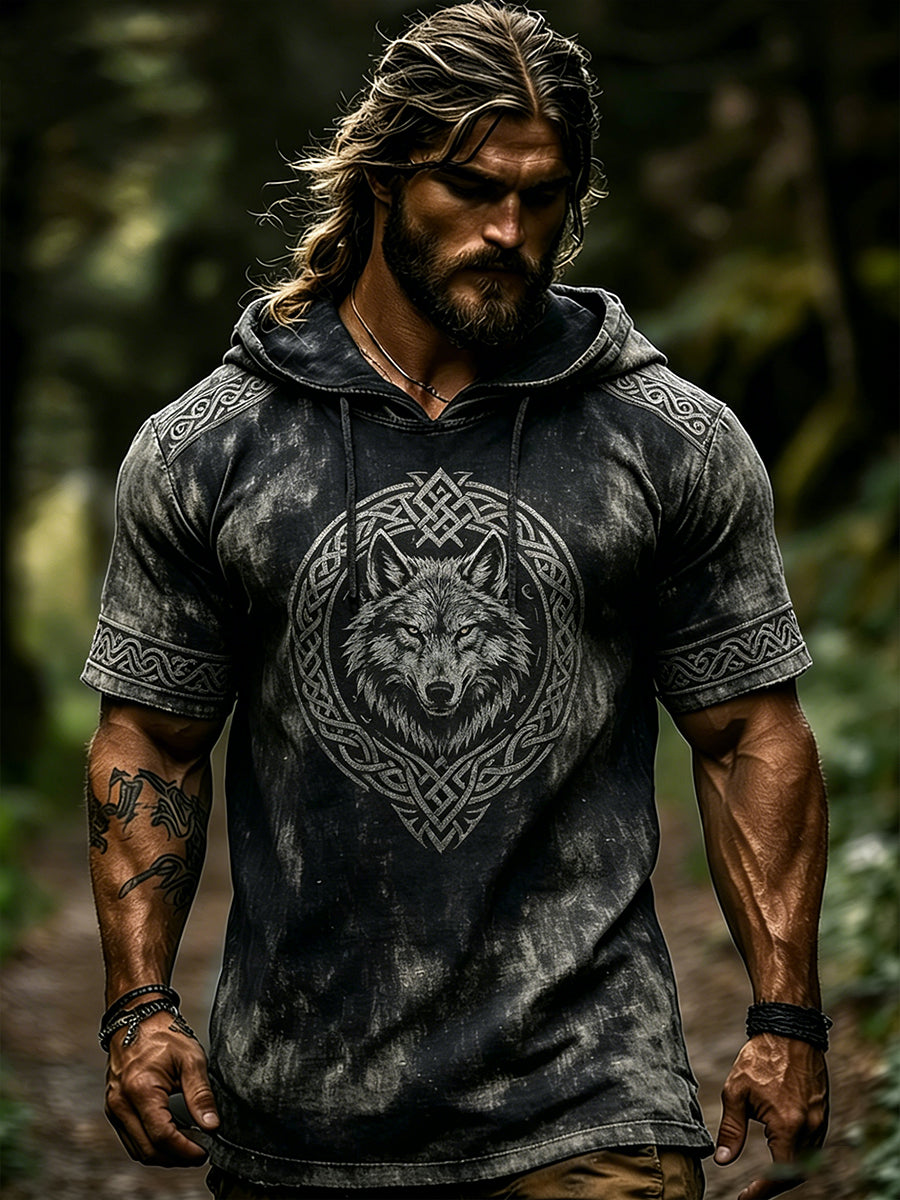Férfi szorult rövid ujjú kapucnis viking-témájú nyomtatás