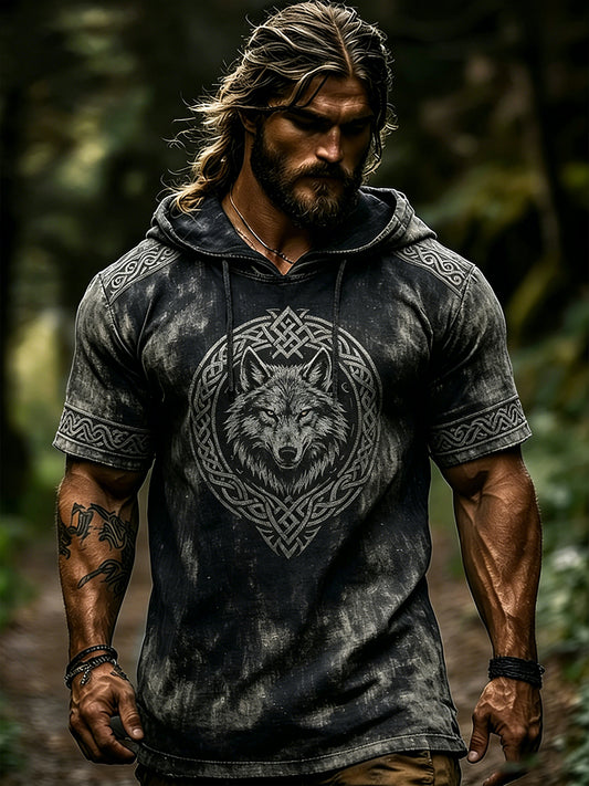 Férfi szorult rövid ujjú kapucnis viking-témájú nyomtatás