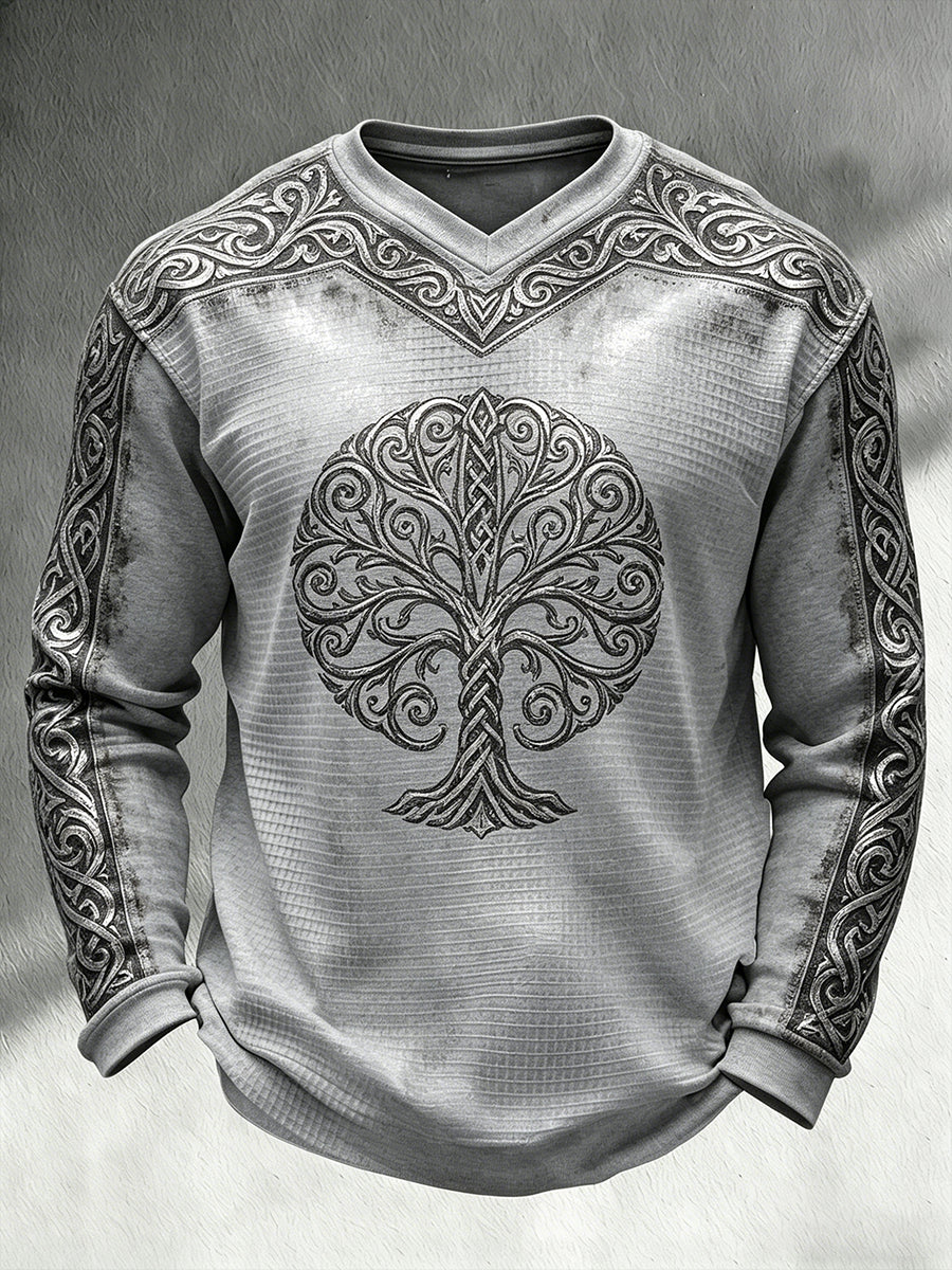 Férfi retro viking-témájú nyomtatás alkalmi goffle-kötött v-nyak hosszú ujjú felső