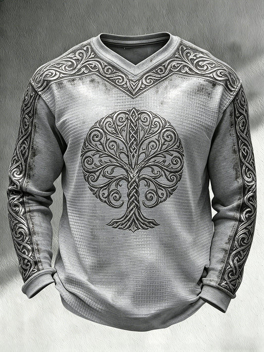 Férfi retro viking-témájú nyomtatás alkalmi goffle-kötött v-nyak hosszú ujjú felső