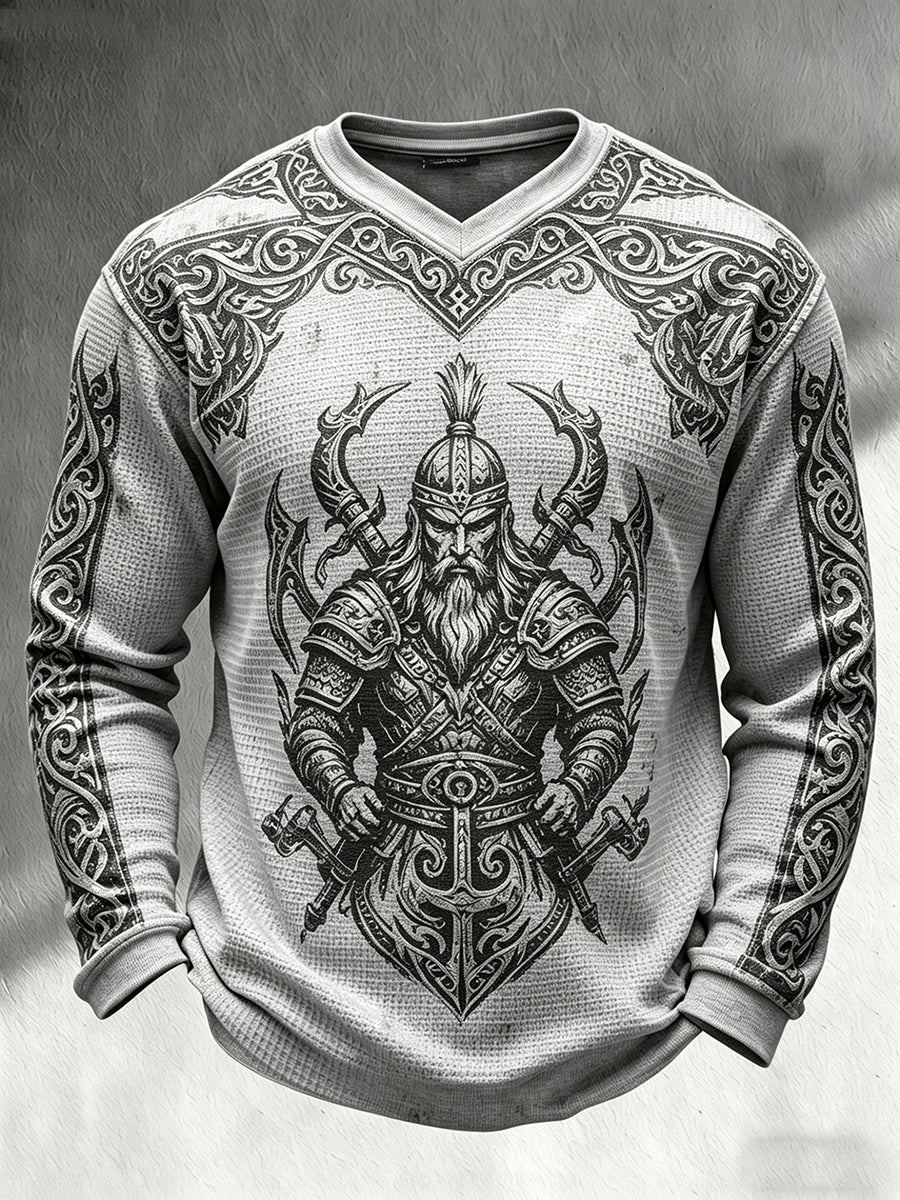 Férfi retró viking témájú nyomott mintás, alkalmi waffle-kötésű V-nyakú hosszú ujjú felső