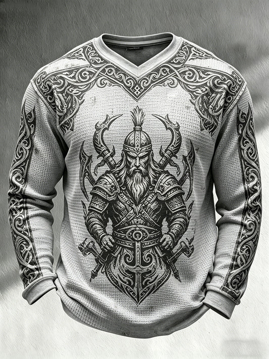 Férfi retró viking témájú nyomott mintás, alkalmi waffle-kötésű V-nyakú hosszú ujjú felső