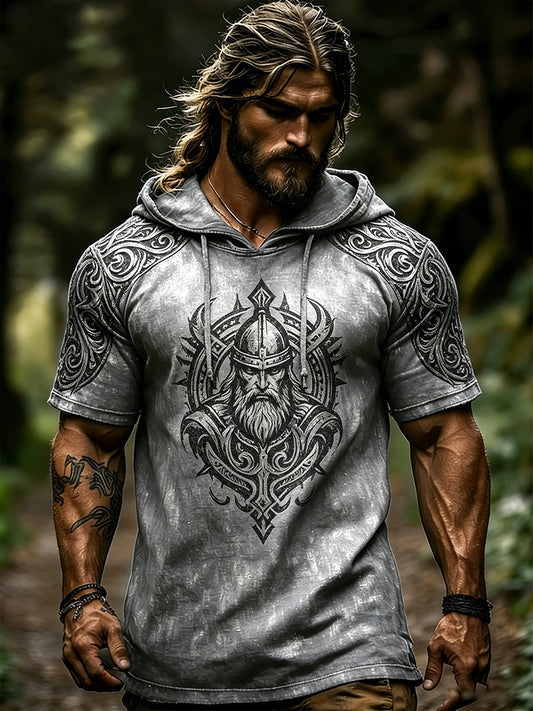 Férfi retro viking-témájú nyomtatott alkalmi rövid ujjú kapucnis