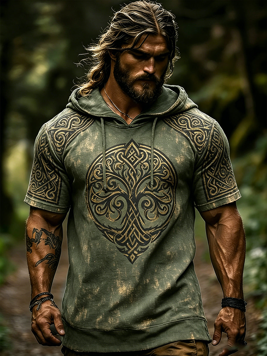 Férfi retró viking témájú nyomott mintás alkalmi rövidujjú kapucnis pulóver